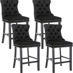 Velvet Bar Stools Set of 4, 27" Counter Height Bar Stools with Button and Nailhead Trim, Upholstered Bar Stool with Back and Wooden Legs, for Kitchen,