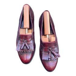 Vintage Burgundy Leather Tassel Kiltie Loafers – Classic Wingtip Slip-On Dress Shoes