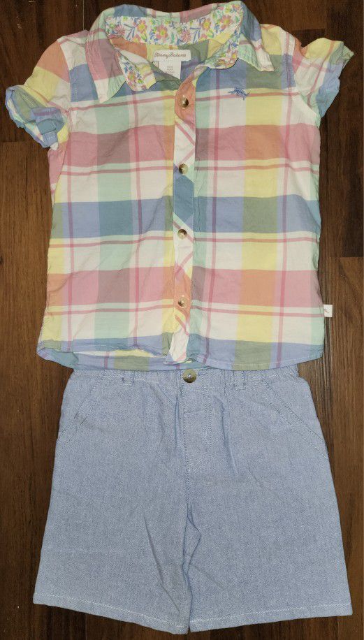 Tommy Bahama Boys 4T Spring Outfit- Collared Button-Up Short Sleeve Plaid Shirt with Chambray Shorts