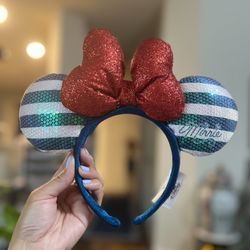 Disney Parks Minnie Green Sequined Ears Red Glittery Bow Headband | Disney Ears