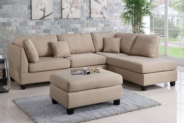 SAND BEIGE SECTIONAL REVERSIBLE CHAISE COUCH OTTOMAN SOFA