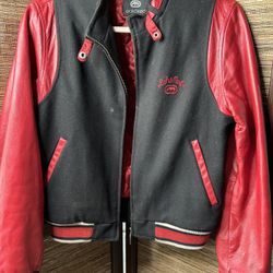 Vintage EckoRed Womens L Red leather Varsity  Jacket RARE ecko red