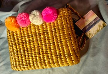 NWT Sea & Grass Eva Straw Pom-Pom Wristlet Clutch - NEW with tags