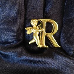 L. Razza Angel Holding Letter R Brooch