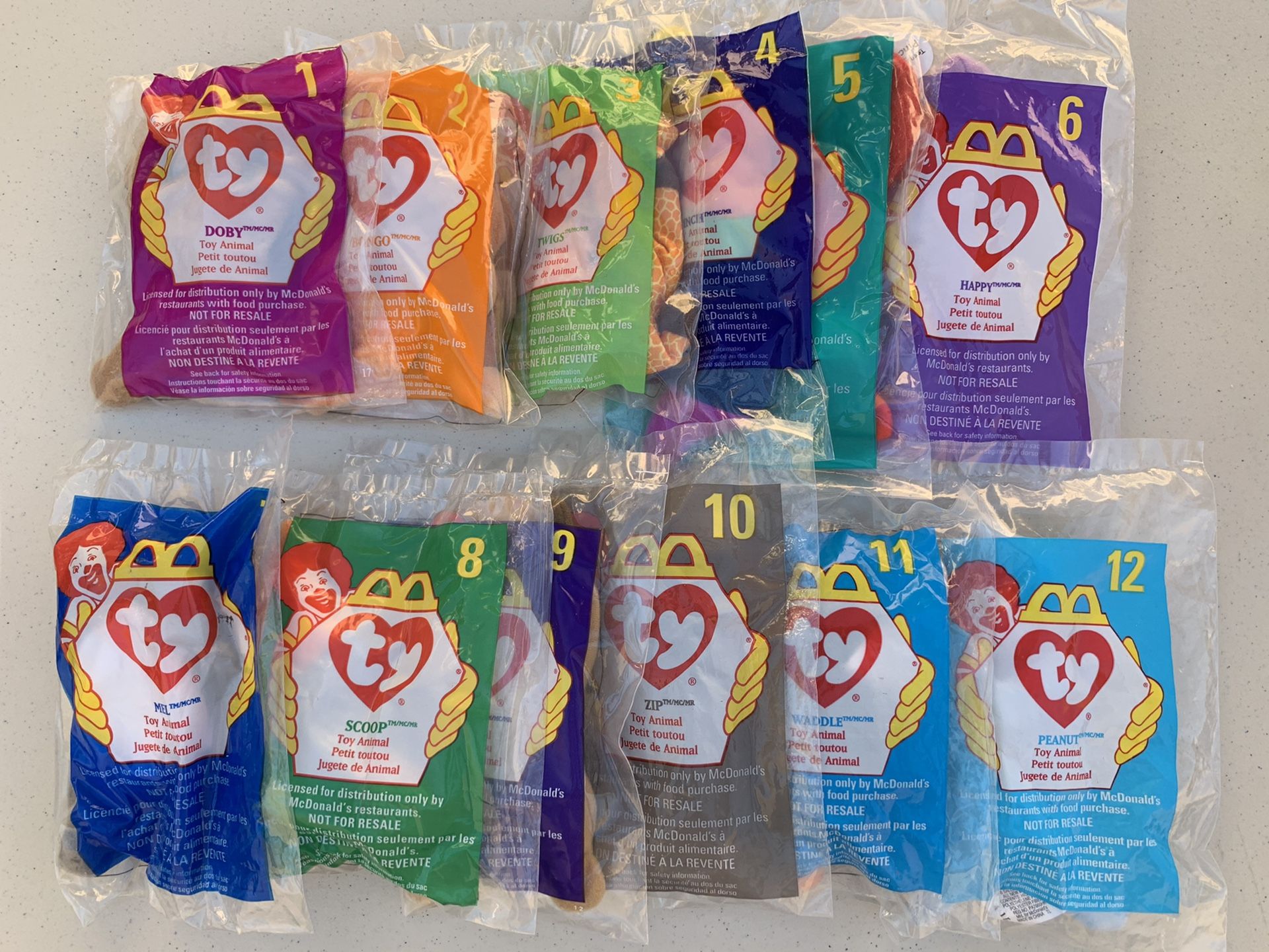 McDonalds 1993 “ty” Beanie Babies Happy Meal Toys Set of 12 Brand New Unopened Bags