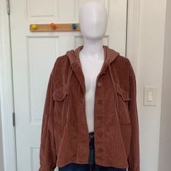 America Eagle Women Brown Cropped Corduroy Hooded Shirt Jacket