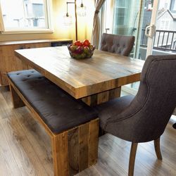 West Elm Emmerson® Solid Reclaimed Pine Rectangle Dining Table with Bench, Bench Cushion and 2 chairs - 62” width