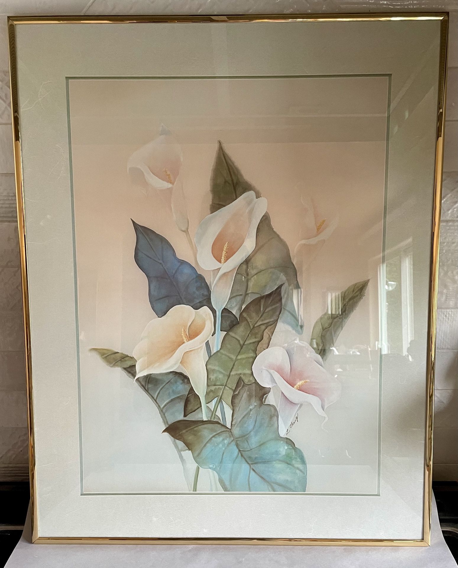 Vintage Framed Calla Lilies Print by Artist L. Chang