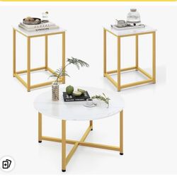 Giantex Round Nesting Table Set of 3, Modern Faux Marble Coffee Table w/2 End Tables, Sturdy Metal Frame, 3-Piece Wooden Living Room Table Set for Hom