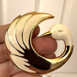 Cream And Gold Tone Swan Brooch