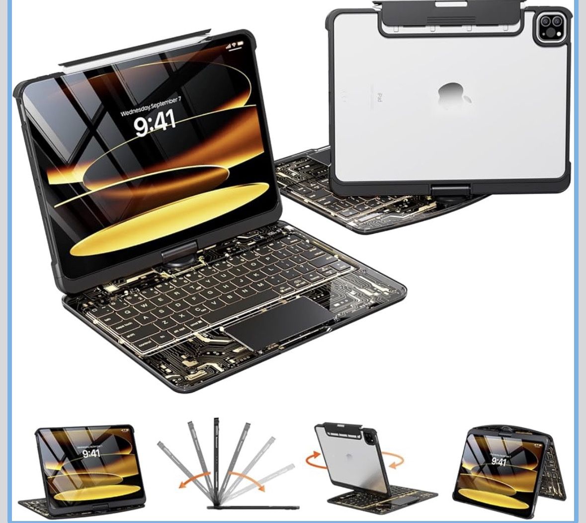 Keyboard Case for iPad Air 13” M3/M2 & iPad Pro 12.9” 3–6 Gen w/ Trackpad 360°