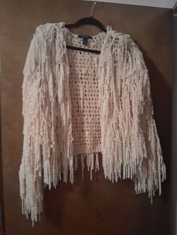 S-beige fringe light weight sweater