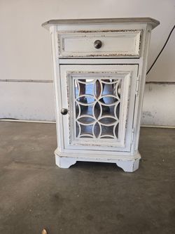 Distressed White Wood Accent Cabinet with Mirror Door