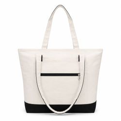 Canvas Tote Bag 18.5x15 – Zipper Pocket, Black Handles, Work School Travel Bag, Halloween Party