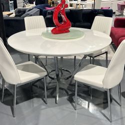 5 PIECE DINING TABLE SET WHITE ROUND LEATHERETTE CHAIR