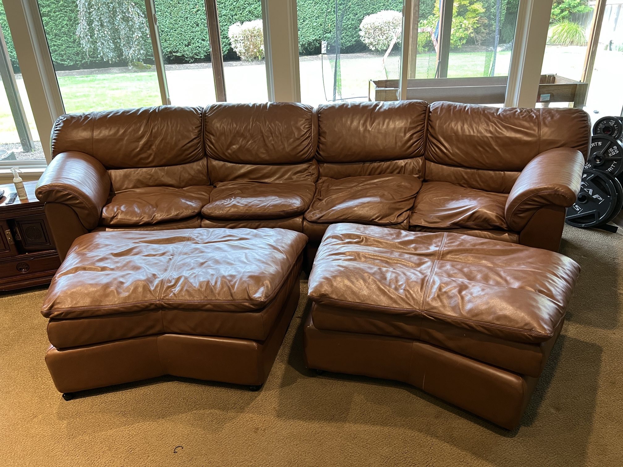 Large Comfy Curved Leather Sofa with Ottomans