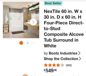 Best Seller NexTile 60 in. W x 30 in. D x 60 in. H Four-Piece Direct-to-Stud Composite Alcove Tub Surround in White
