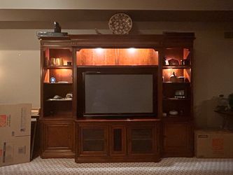 Beautiful Traditional Wood Entertainment Center with Lighted Display Cabinets