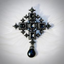 Gothic Silver Cross With Dangling Dark Grey Pearl Brooch Pin