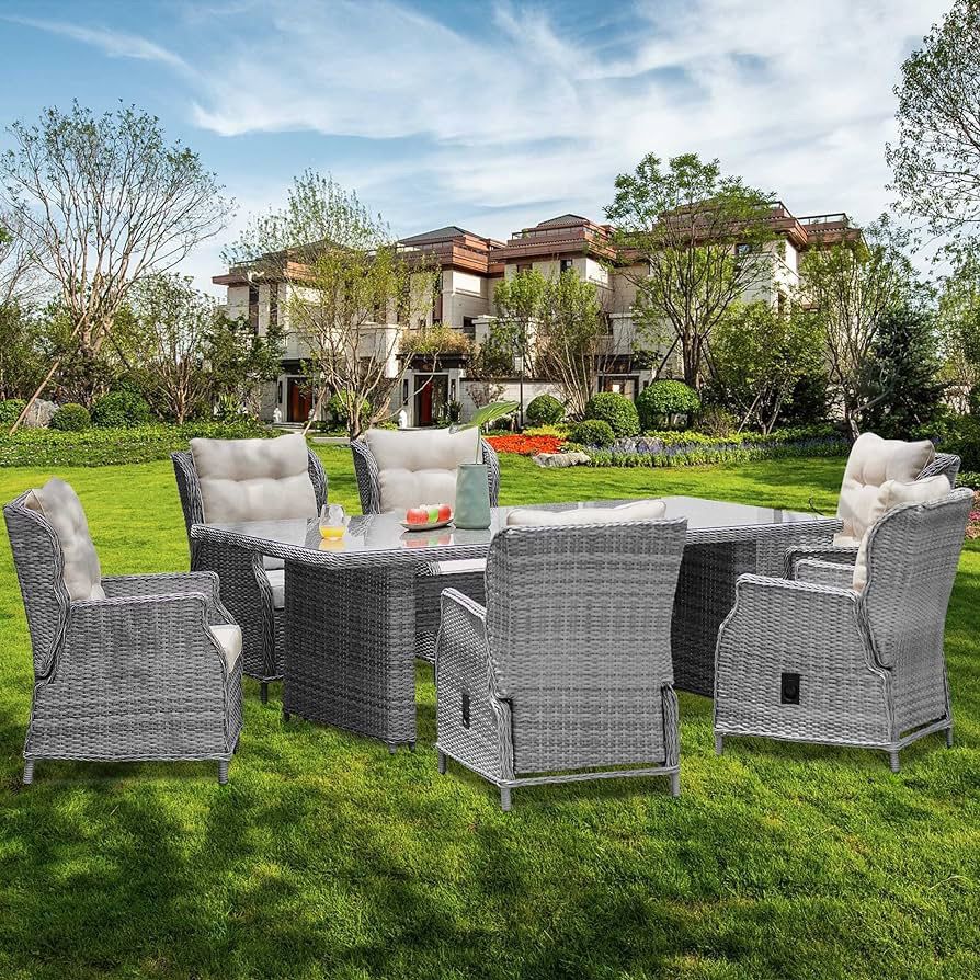 New Patio Dining Set for 6, 7 PCS Outdoor Conversation Set with Large Rectangular Table with Glass Tabletop, Poly Rattan Reclining Chair with Thick Cu