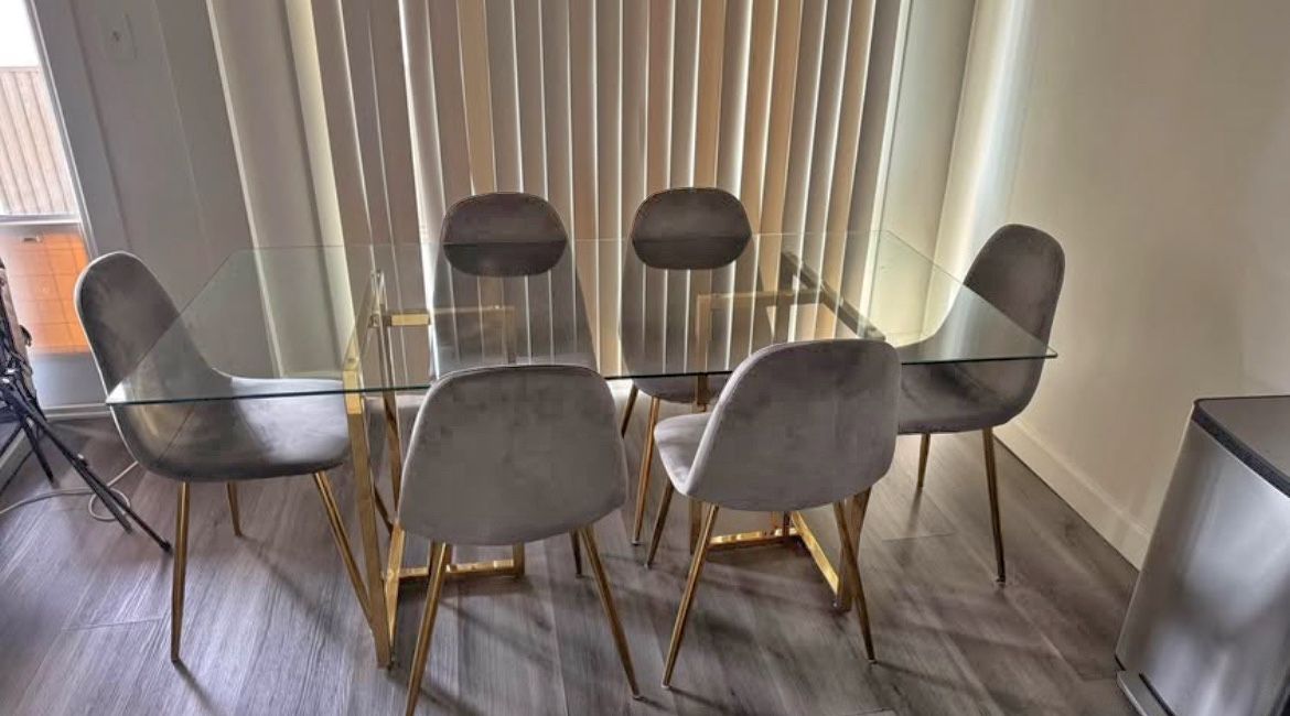 Gray Gold Velvet Glass Dining Set For 6