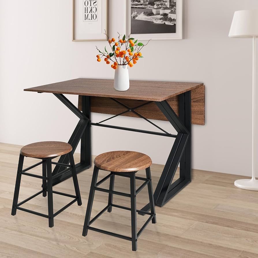 3 Pieces Drop Leaf Table Set for Small Spaces, Modern Counter Height Dining Table Set for Breakfast Nook, Space Saving Bar Kitchen Dining Room Set, Br