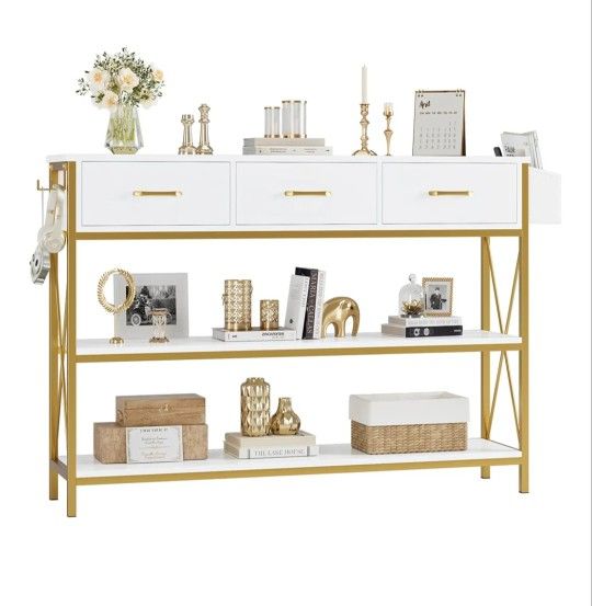 HITHOS 47.2" Console Table with 3 Drawers, Narrow Long Entryway Table with 3-Tier Storage Shelves, Industrial Sofa Foyer Table for Living Room, Hallwa