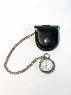 New Swiss Army battery operated pocket watch with leather case