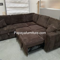 New Plush Chocolate Sectional Sofa Bed With Storage, Brown Sectional, Sofa, Couch, Corduroy Sectional Couch With Pull-out Bed, Sofabed, Sleeper Sofa