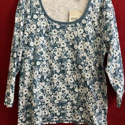 LIZ CLAIBORNE TOP LONG SLEEVE TSHIRT Size XL BLUE FLORAL ** 100+ DESIGNER BLOUSE ON SALE Now 