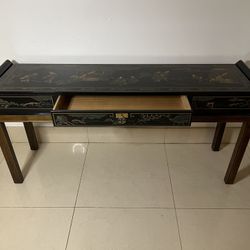 Chinoiserie Motif Hand Painted Drexel Heratige Black Lacquer Console / Sideboard Table with Drawer