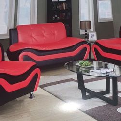 Red And Black Leather Modern Style 3 Piece Couch Set
