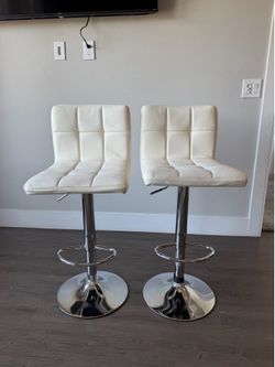 Set of 2 White Adjustable Swivel Bar Stools – Modern Tufted, Chrome Base