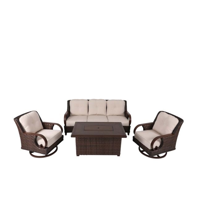 Outdoor Furniture Set, 4-Piece Patio Sofa Set With 2 Swivel Chairs, 3 Seater Sofa & Fire Pit Table