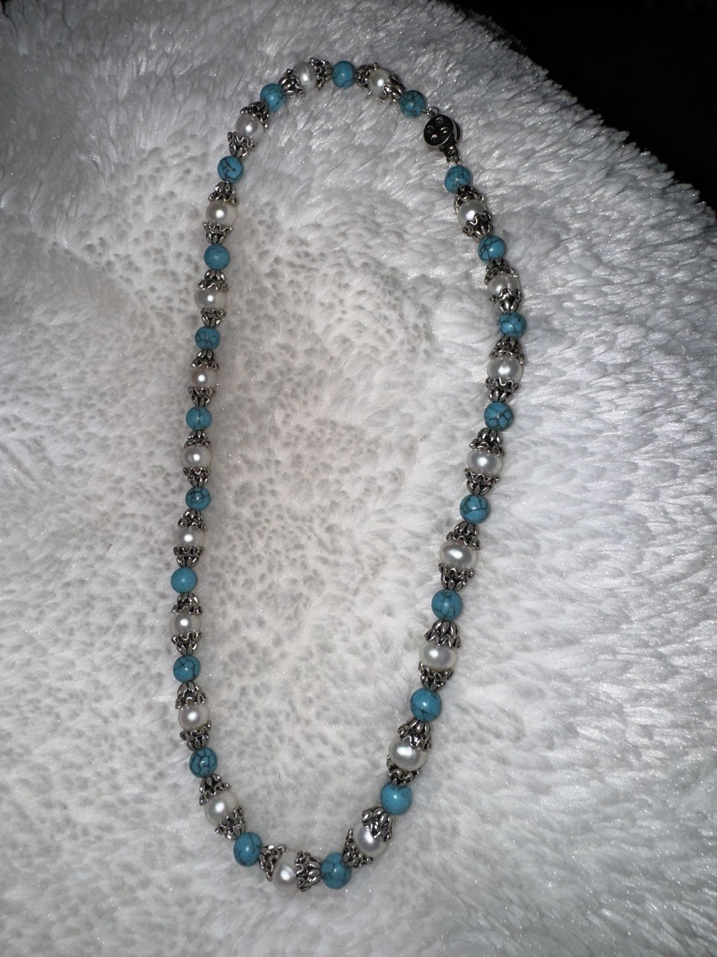 Vintage Genuine Pearl & Turquoise Heavy Necklace, 16"