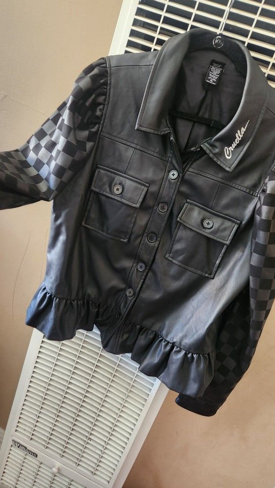 Disney Parks Her Collection Cruella Faux Leather Black Jacket.