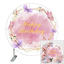 Renaiss Happy Birthday Round Backdrop Cover 7.2ft Polyester Butterfly Flowers Pink Watercolor Circle Backdrop Cover For Girls Women Birthday Party Dec