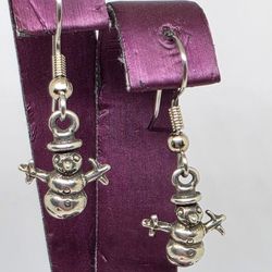 Vintage Handmade Sterling Silver Snowman Snowmen Dangle Drop Earrings