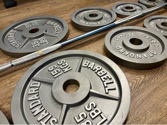 Olympic Set Of Gray CAP Cast Iron Weight Plates  from 5s to 45s  Pounds In NEW Condition, [Total: 240 lbs].  👀 BARBEL NOT INCLUDED 👀
