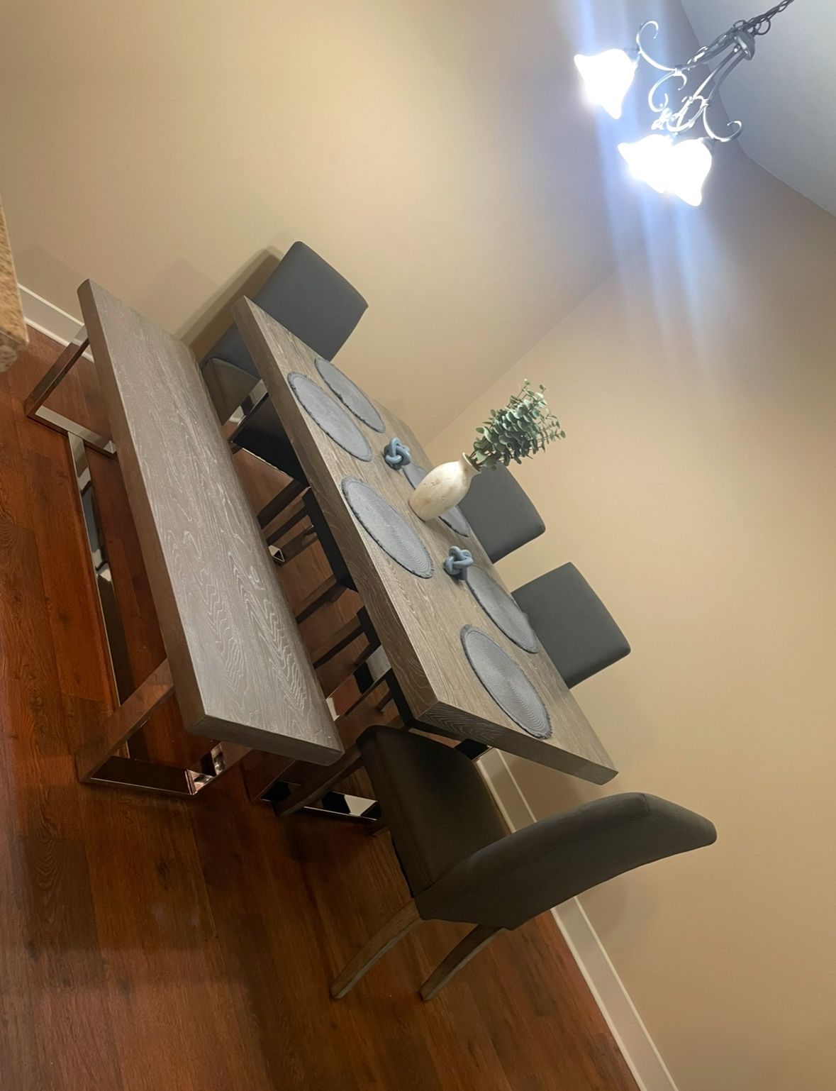 Living room table with chairs and bench