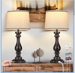 Rinweey 27.5" Farmhouse Table Lamp for Living Room Set of 2,Vintage Bedside Nightstand Lamps with USB C+A Ports & AC Outlet,3-Way Dimmable Touch Contr