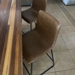  Brown Leather Bar Stools Set (2) 24inH 