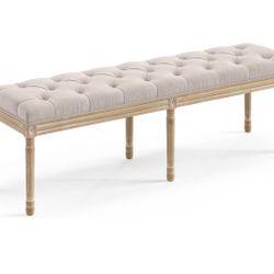Vintage Linen Color Upholstered 60 inch Bench with Natural Wooden Legs