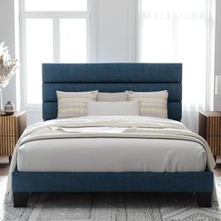 Full Size Platform Bed Frame with Fabric Upholstered Headboard and Wooden Slats Support, Fully Upholstered Mattress Foundation/No Box Spring Needed/Ea