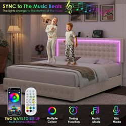 Upholstered LED Bed Frame Queen Size with Charging Station and 4 Storage Drawers,(118)