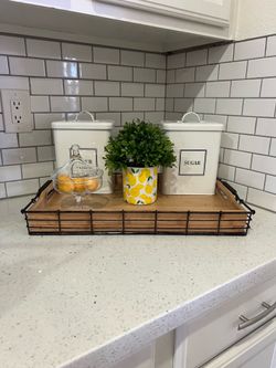 Farmhouse Kitchen Countertop Decor Tray Set - White Canisters & Lemon Planter