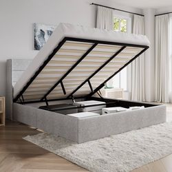 King Size Lift Up Storage Bed/Modern Wingback Headboard/Upholstered Platform Bed Frame/Hydraulic Storage/No Box Spring Needed/Wood Slats Support/Light