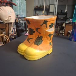 Whimsical Ceramic Rain Boot Planter Or Novelty Vase Decorated With Turtles & Frogs - Great For Porches, Gardens Or Inside Plants 8"Hx7"x7"
