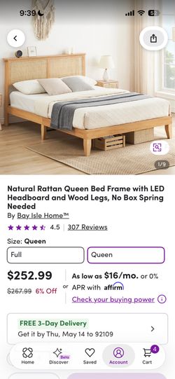Natural Rattan Queen Bed Frame with headboard and wood legs