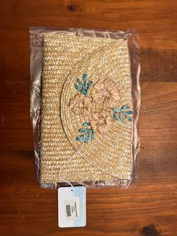 Woven Straw Clutch Bag with Floral Detail